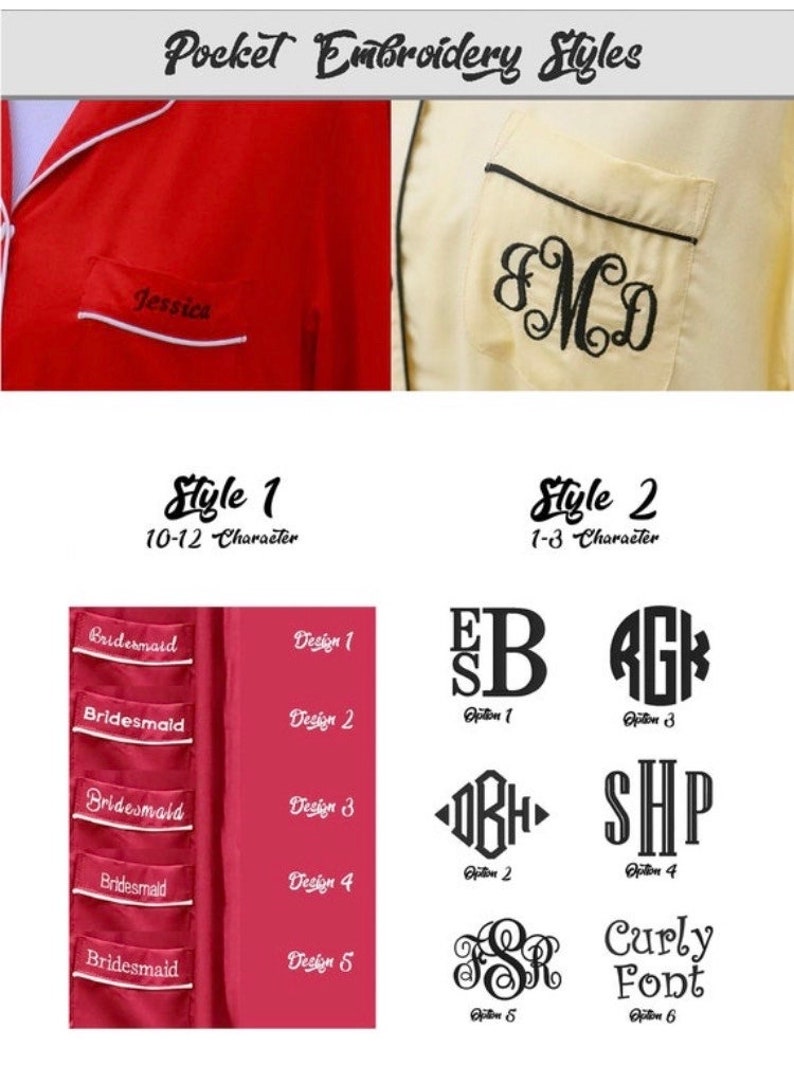 May include: Image showcasing pocket embroidery styles. Examples include a red shirt pocket with "Jessica" embroidered in white, and a cream-colored pocket with monogrammed initials. Additional options for monograms and text are displayed.