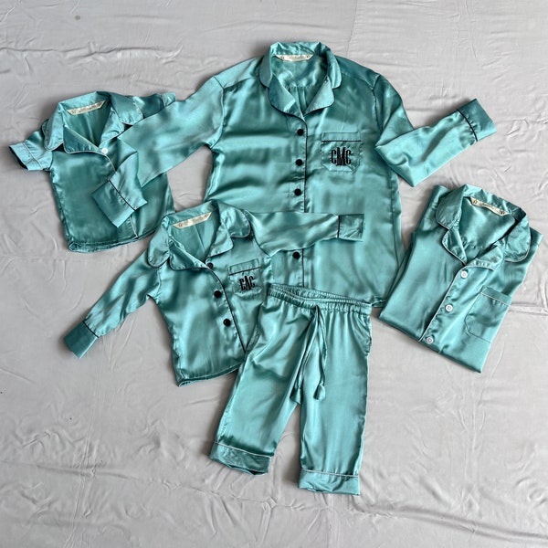 Green Satin Matching Bridesmaid Pajamas Shirt short pant set for bridal party and getting ready . Flower girl pj set available too.