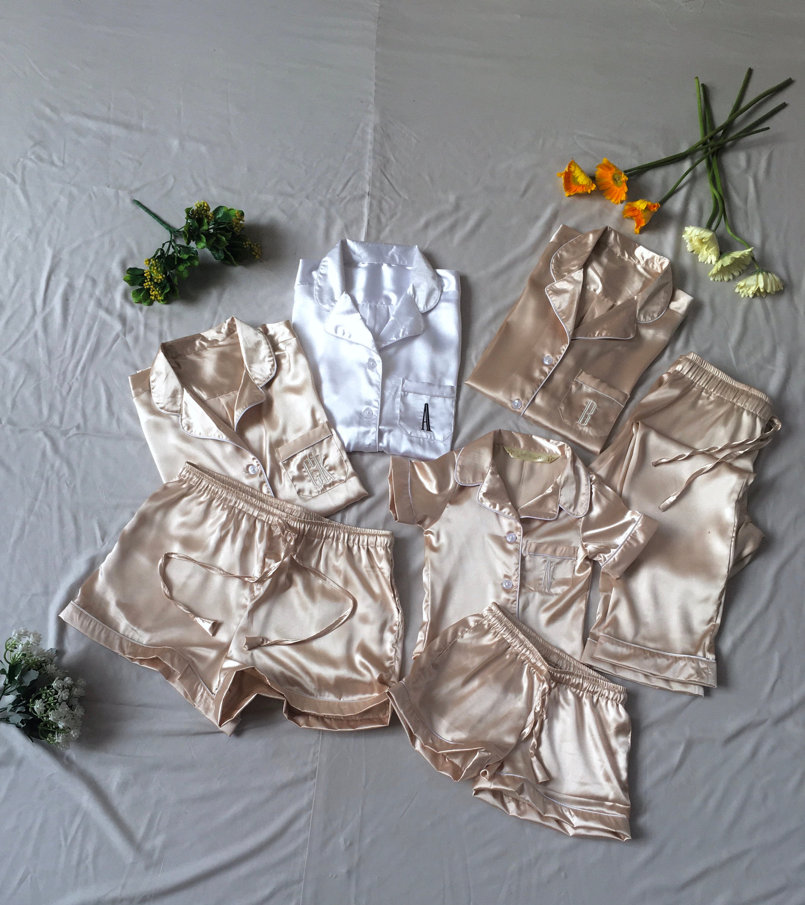 Silky Matching Bridesmaid Pajamas Shirt short pant set for bridal party and getting ready . Flower girl pj set available too.