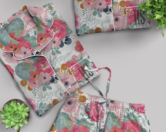 Floral Rayon Pajama Set, Bridesmaid Pajamas, Monogrammed Shirt