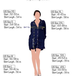 May include: An adult size chart for a long shirt or boyfriend shirt, featuring a navy blue button-down shirt with white piping. The chart displays US sizes XS through 4XL, listing bust measurements from 32 to 59 inches and shirt lengths from 34 to 39 inches.