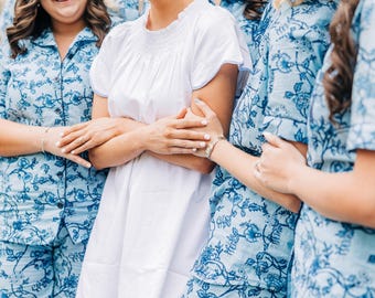Indigo Floral Matching Cotton Pajamas Shirt short pant set for holidays or getting ready photoshoot. Getting ready light soft summer pyjamas