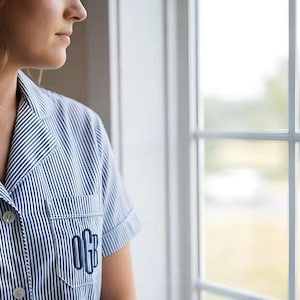 Seersucker Pure cotton matching bridal pajamas with names or monograms Blue seersucker
