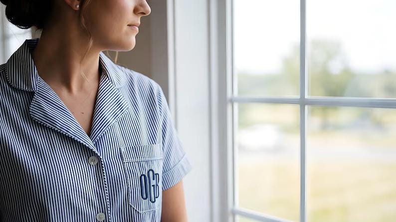 Seersucker Pure cotton matching bridal pajamas with names or monograms Blue seersucker