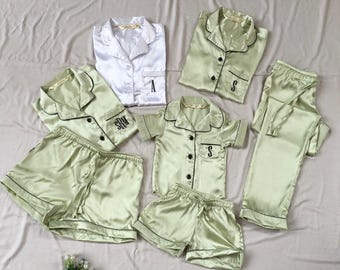 Bridal party getting ready photoshoot Shirt short pant satin matching pajamas. Long sleeve and short sleeve pyjamas.