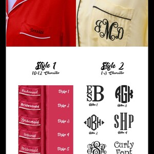 May include: Two examples of pocket embroidery styles. The first style is a cursive font with a maximum of 10-12 characters. The second style is a monogram with a maximum of 1-3 characters. There are six different monogram designs to choose from.