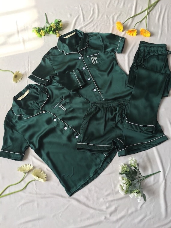 Silky Emerald Green Matching Bridesmaid Pajamas Shirt Short Pant