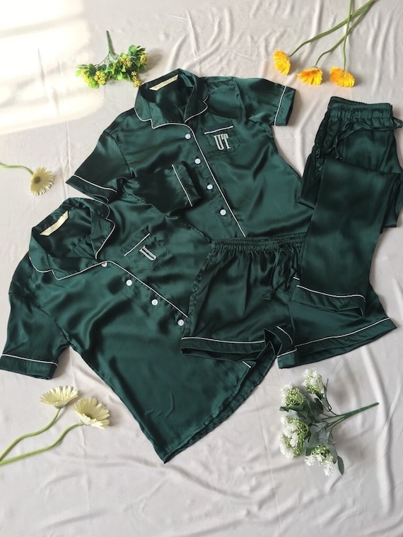 Silky Emerald Green Matching Bridesmaid Pajamas Shirt Short Pant Set for  Bridal Party and Getting Ready . Flower Girl Pj Set Available Too. 