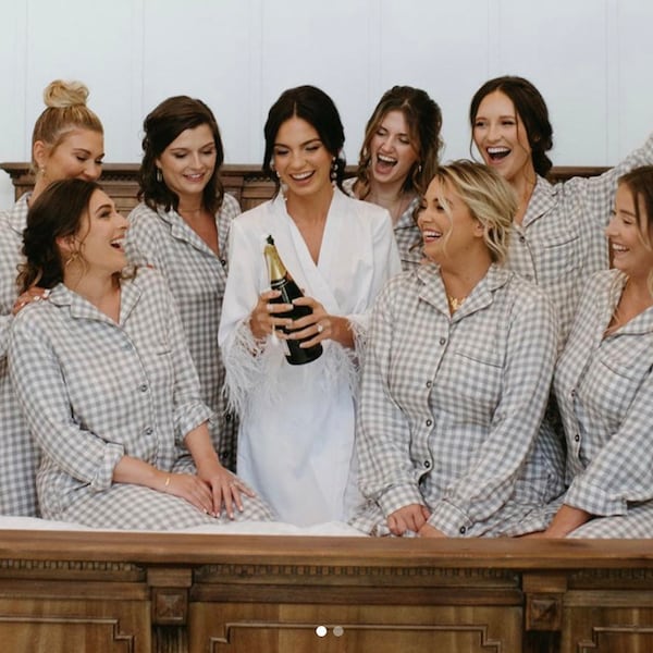 Bridesmaid pajamas with option to add lovely monograms, names and initials. Grey plaid pajamas including plus sizes. White Bride Robe too.