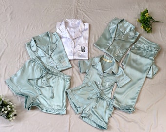 Bridal party getting ready photoshoot Shirt short pant satin matching pajamas. Long sleeve and short sleeve pyjamas.