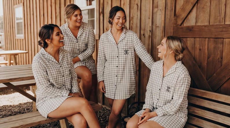 Grey Plaid Bridesmaid Shirts, Boyfriend Pajamas, Personalised Pajamas, Pajama Party set, Bridesmaids Pajamas, bridesmaids gifts image 2