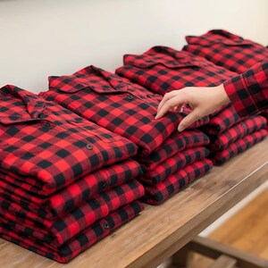 Buffalo Plaid Bridesmaid Pajamas, Holiday pajamas, Red Checks Christmas Pajamas, Red Plaid longshirt, Bride Tribe Pajamas. image 4