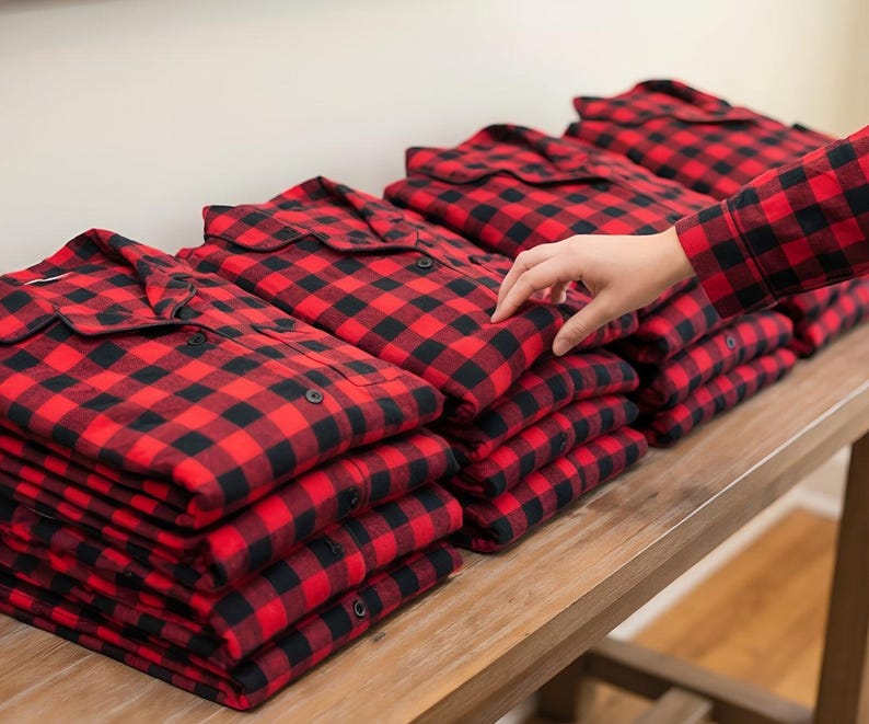 Buffalo Plaid Bridesmaid Pajamas, Holiday pajamas, Red Checks Christmas Pajamas, Red Plaid longshirt, Bride Tribe Pajamas. image 4