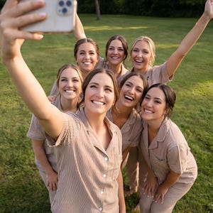 May include: A group of seven women wearing matching beige striped pajama sets, smiling and taking a selfie outdoors on a sunny day. The women are standing on a green grassy lawn.