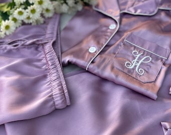 Bridal party getting ready photoshoot Shirt short pant satin matching pajamas. Long sleeve and short sleeve pyjamas.