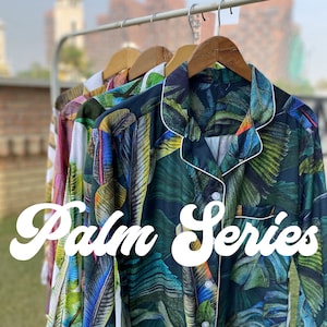 Pyjama voor bruidsmeisjes, tropische pyjama, vakantiepyjama, pyjama voor bruidsfeest, pyjama voor bruid, print met bananenblad, palmserie, bijpassende pyjama