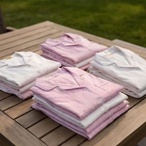 May include: Four stacks of folded pajama sets on a wooden table. The sets include white and pink striped or solid-colored button-down shirts and matching bottoms. The pajamas are neatly arranged, suggesting a focus on comfort and relaxation.