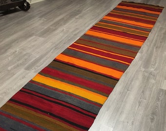 Vintage Striped Kilim Runner, Handwoven Anatolian Rug