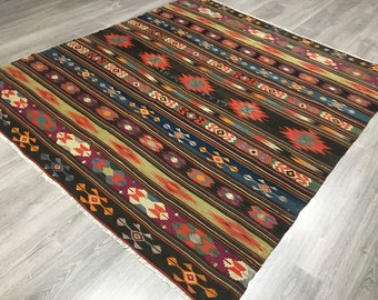 Tapis kilim antique, laine tissée à la main, tapis tribal design aztèque