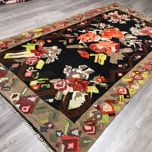 Floral Bessarabian Kilim,Flower  Design Kilim Rug ,Flower Kilim,Wool Kilim,Black Kilim Rug, Colorfull Kilim Rug,Area Kilim Rug,  Floral Rugs