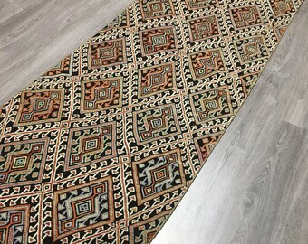 Vintage Turkish Kilim Runner,Handwoven Wool Hallway Rug