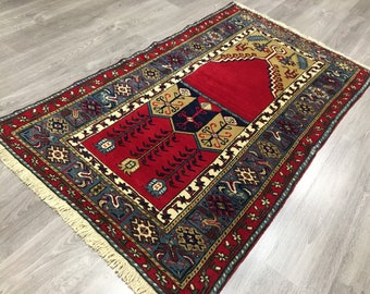 Handgeknoopt Turks gebedskleed: Vintage wollen Oushak-kleed, 165 cm x 90 cm