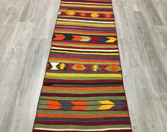 Vintage Turkish Kilim Runner Rug, Colorful Stripes, Hand Woven Wool (2'4''x11' ft)