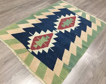 Vintage Turkish Kilim Rug For Bathroom,Vintage Anatolian Small Kilim Rug, Tribal Kilim Rug,Blue and Green Color Kilim Rug,Cheap Kilim Rug