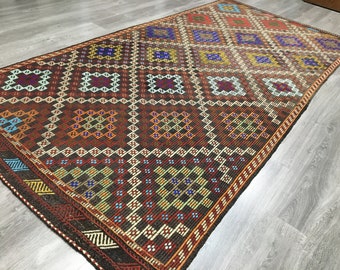 Vintage Turkish Embroidery Kilim Rug,Vintage Embroidery Kilim Rug For Floor,Vintage Farmhouse Colorfull  Kilim Rug,Vintage Tribal Kilim Rug