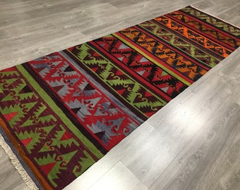 Vintage Turkish Kilim Rug Runner, Handwoven Wool, Rustic Farmhouse Decor Kilim