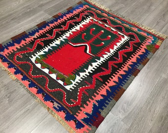 Vivid Color Turkish Kilim Rug,Vintage Vivid Color Tribal Kilim Rug,Prayer Pattern Kilim Rug,Tribal Turkish Kilim Rug,Bohemian Style Kilim