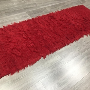 Loper rood wollen hoogpolig vloerkleed, vintage Turkse boerderijstijl