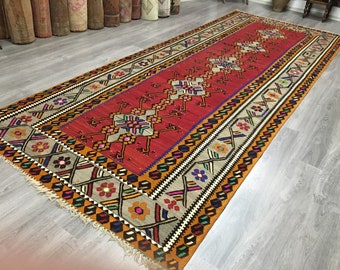 Vintage Turkish Kilim Rug: Handwoven Wool Anatolian Rug (5'5'' x 13'7'')