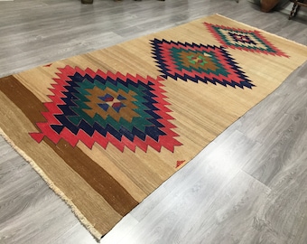 Tapis kilim anatolien vintage, tapis en laine tissée à la main, design tribal aztèque (4'10''x 11' ft)