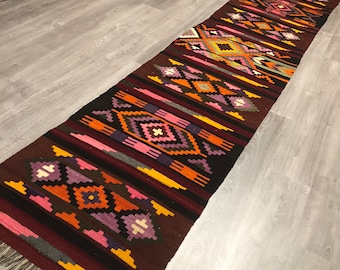 Vintage kelimtapijt loper, handgeweven wollen Anatolisch boho-tapijt