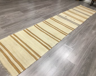 Vintage Turkish Kilim Runner: Handwoven Wool Stripes, Boho Entryway Rug (2'4'' x 11'8'')