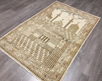 Vintage Turks Oushak-tapijt, handgeweven wollen Anatolisch gebedstapijt, 112 cm x 173 cm