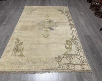 Vintage Turkish Oushak Rug,Pastel Distressed Wool Floor Rug (4'6'' x 6'10''Ft)