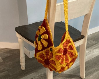 Sac carré grand-mère fleur, sac fourre-tout marguerite carré grand-mère au crochet, PDF imprimable, sac marguerite, motif carré grand-mère marguerite rétro