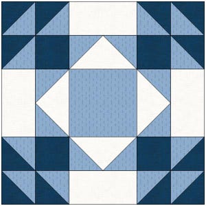 May include: A square quilt block with a geometric design. The block features a central diamond shape surrounded by triangles and squares in shades of blue and white. The pattern is symmetrical and visually appealing, suitable for quilting projects.