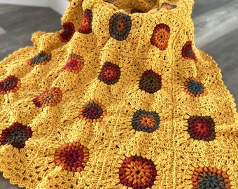 Granny Square Blanket, Crochet Throw Pattern, Modern Granny Square Sunburst Garden Blanket, Video tutorial + Photos