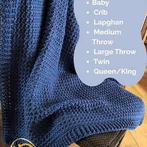 May include: A dark blue crocheted blanket with a textured waffle stitch pattern. A light blue graphic overlay on the right side lists 7 Sizes Included: Baby, Crib, Lapghan, Medium Throw, Large Throw, Twin, and Queen/King. A yellow logo is at the bottom.