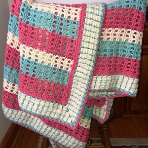 Thinking of Spring Crochet Afghan, Crochet Blanket Pattern, lacy crochet afghan, window pane crochet blanket pattern, farmhouse blanket