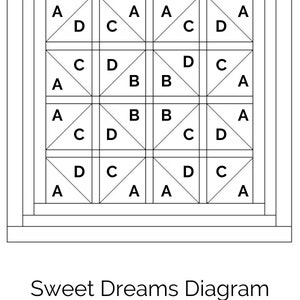 Puede incluir: Un diagrama en blanco y negro etiquetado como "Sweet Dreams Diagram" que muestra una cuadr&iacute;cula de 9 cuadrados con las letras A, B, C y D en cada cuadrado.