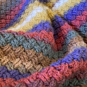 May include: Close-up of a handmade crochet blanket. The blanket features a textured pattern with rows of various colors, including shades of brown, pink, purple, blue, and yellow. The yarn appears soft and the blanket is folded, showing the intricate stitch work.