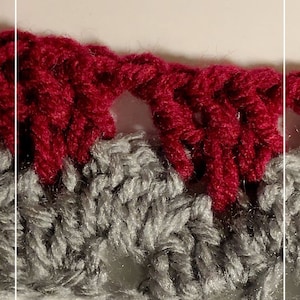May include: Close-up of a crocheted fabric with a two-tone design. The top section is a deep red, while the bottom is a textured grey. The website Patternprincess.com is visible at the bottom.