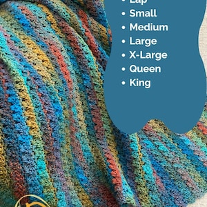 May include: A crocheted blanket featuring diagonal stripes in shades of blue, green, gold, and rust. A blue overlay displays the text: 8 Sizes Included, Baby, Lap, Small, Medium, Large, X-Large, Queen, King. A gold letter P logo is visible in the corner.