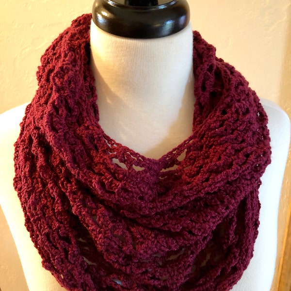 Easy Infinity Scarf Pattern, Vermillion Infinity cowl Pattern, Lacy Crochet Scarf Pattern,