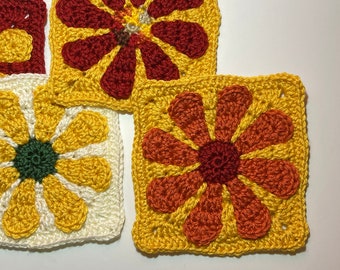 Vintage daisy motif for bag, blanket, cardigan, Crochet project with leftover yarn, Retro Daisy Motif, Crochet flowers granny square pattern