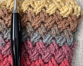 Handledning för virkad kabelstickning med textur | Virkmönster för keltisk väv i PDF-format | Nedladdning direkt | Lär dig en virkmaska för filtar och halsdukar